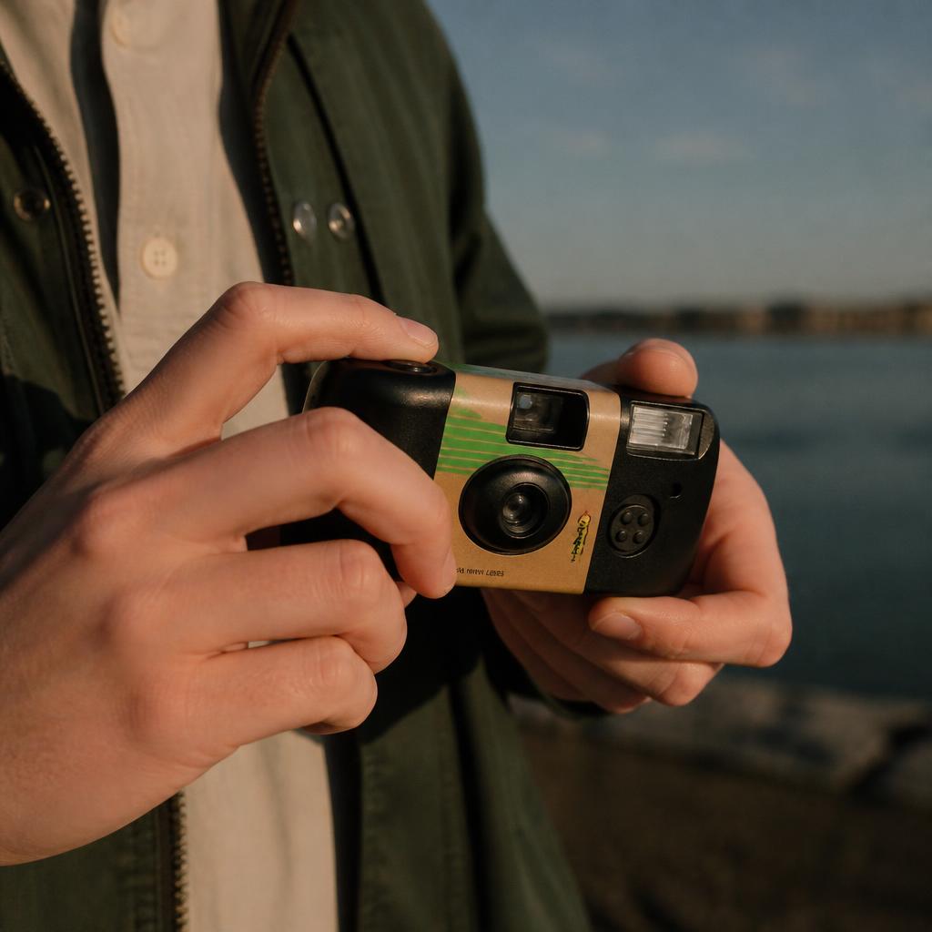 A disposable film camera in soft warm light